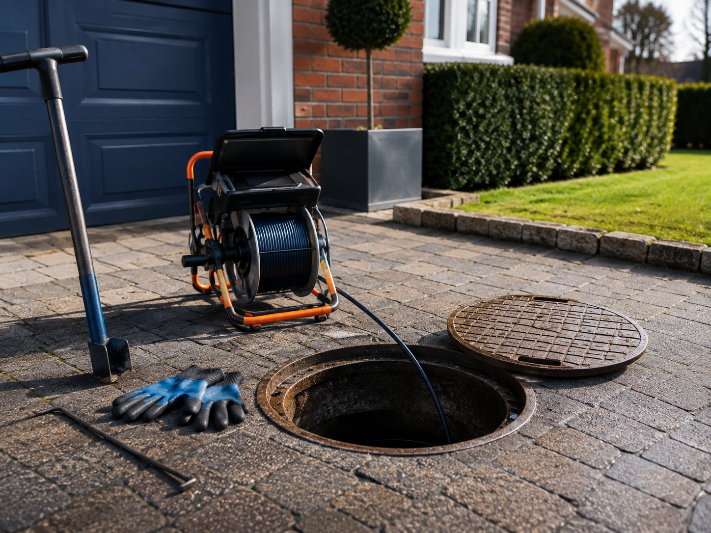 Drain inspection equipment positioned beside an open residential drain